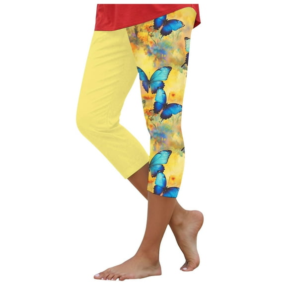 YDFCWXW Womens Capri Leggings Butterfly Printed High Waisted Legging Stretchy Athletic Gym Tights Cropped Yoga Pants Light Yellow, M