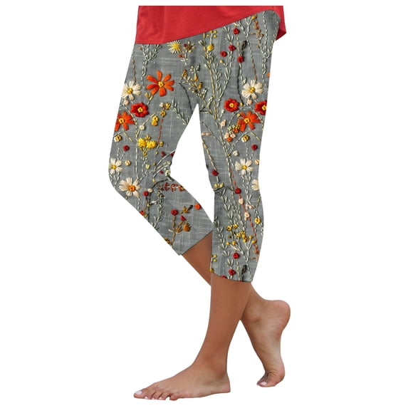 YDFCWXW Womens Capri Leggings Floral Print High Waist Lifting Capris Comfy Stretch Tummy Control Cropped Yoga Pant Light Gray, XL
