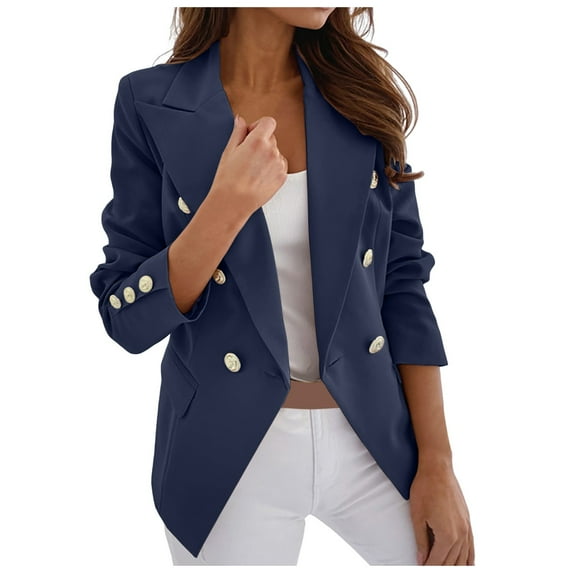 YDFCWXW Womens Casual Blazer Jacket Gold Button Long Sleeve Work 0ffice Blazer Lapel Open Front Jacket Blue, L