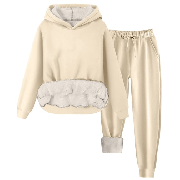 YDFCWXW Womens Casual Clothes Set Solid Color Sherpa Lined Pullover Lounge Long Sleeve Loose Comfy Hoodie Outfits with Pocket Beige, 3XL