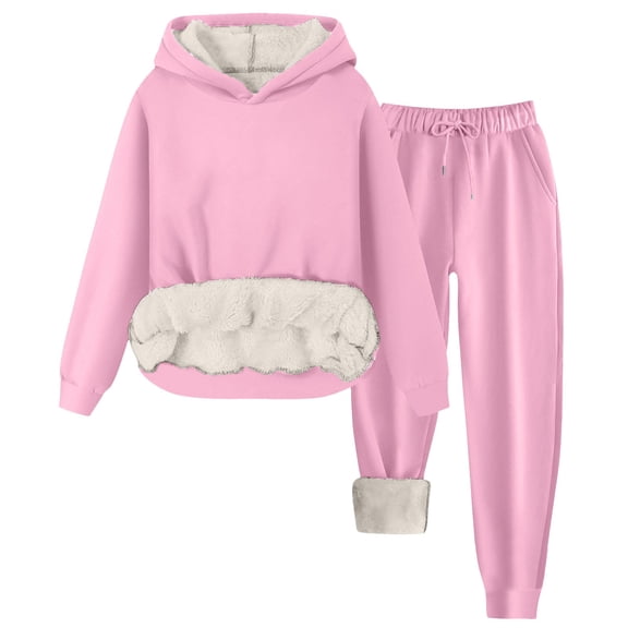 YDFCWXW Womens Casual Clothes Set Solid Color Sherpa Lined Pullover Lounge Long Sleeve Loose Comfy Hoodie Outfits with Pocket Pink, XL