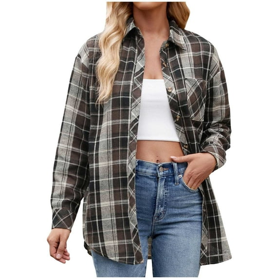 YDFCWXW Womens Casual Oversized Flannel Plaid Button Down Long Sleeve Shirts Fashion Blouse Tops with Pocket Coffee, L