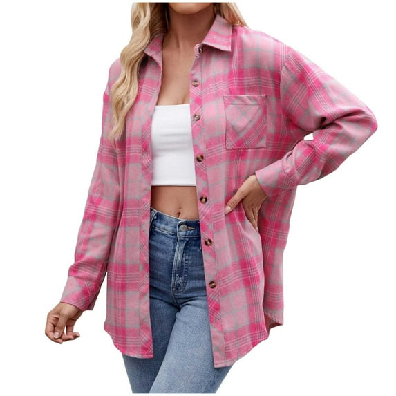 YDFCWXW Womens Casual Oversized Flannel Plaid Button Down Long Sleeve Shirts Fashion Blouse Tops with Pocket Hot Pink, XXL