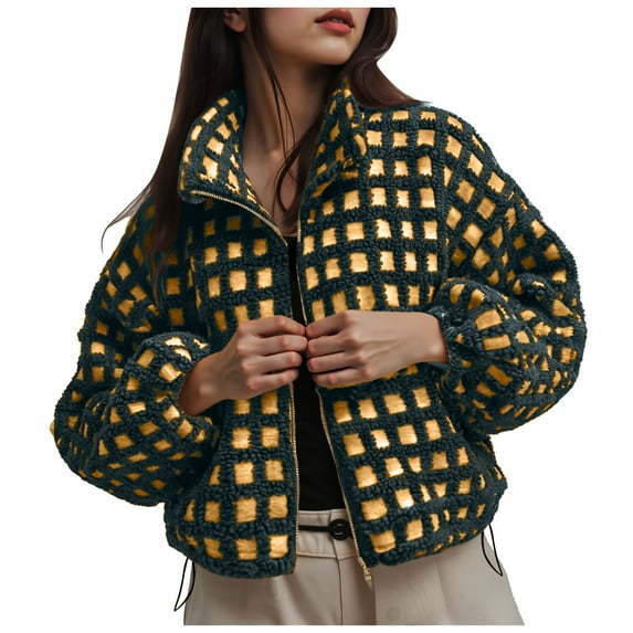 YDFCWXW Womens Checkered Sherpa Jacket Cropped Long Sleeve Plaid Fleece Coats Casual Zip Up Gingham Outwear Coats with Pockets (Light Green, S)