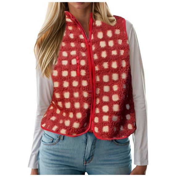 YDFCWXW Womens Checkered Sherpa Vest Sleeveless Winter Fleece Jacket High Neck Zip Up Plaid Gilet with Pocket Red, M