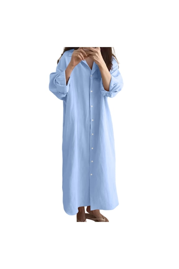 Womens Chic Button Down Rolled-Up Sleeve Long Cotton Blouse Maxi Dress Blue, M