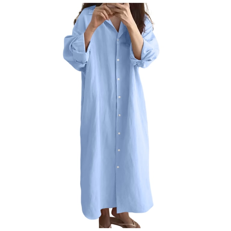 Casual Button Down Style Loose Summer Dress, Blue / XL