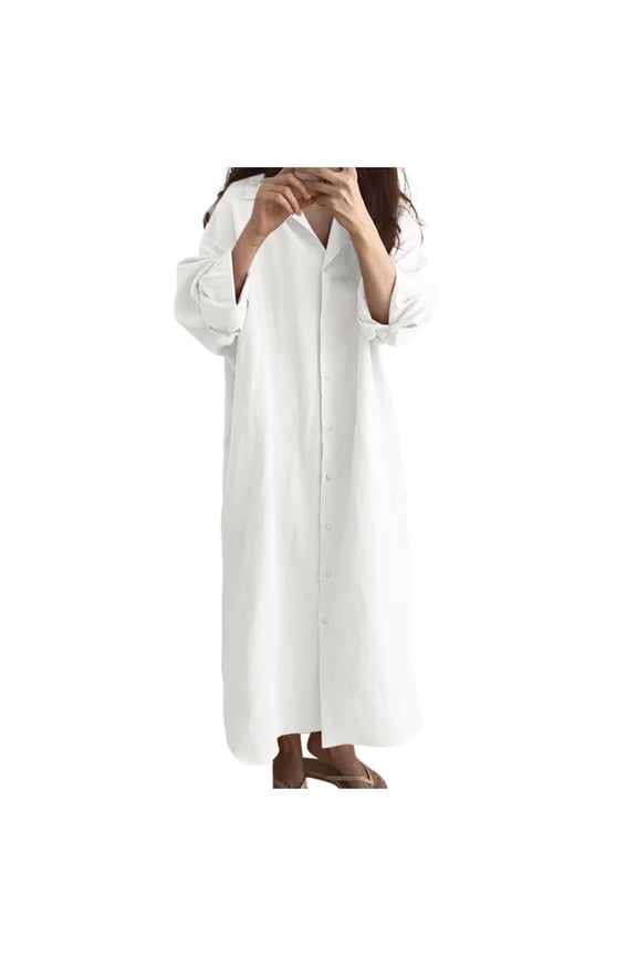 Womens Chic Button Down Rolled-Up Sleeve Long Cotton Blouse Maxi Dress White, M