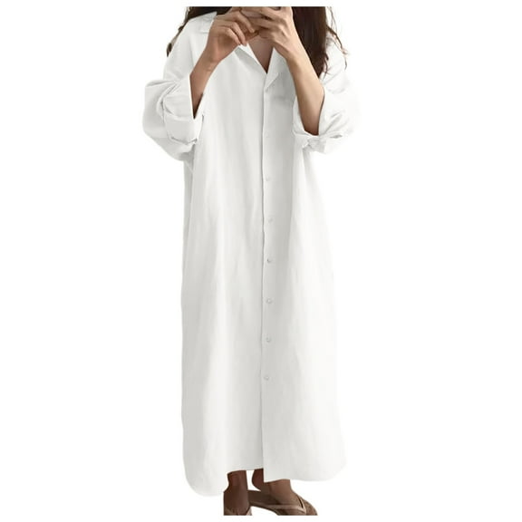 YDFCWXW Womens Chic Button Down Rolled-Up Sleeve Long Cotton Blouse Maxi Dress White, S