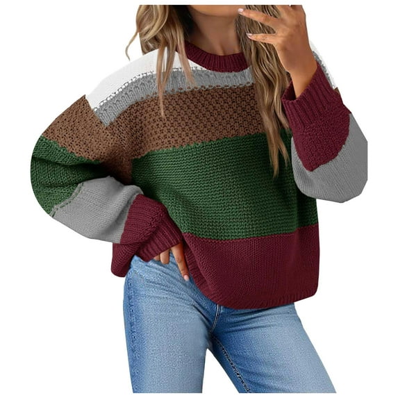 YDFCWXW Womens Color Block Cropped Sweaters 2025 Winter Trendy Casual Oversized Y2k Going Out Striped Pullover Tops (Coffee, L)