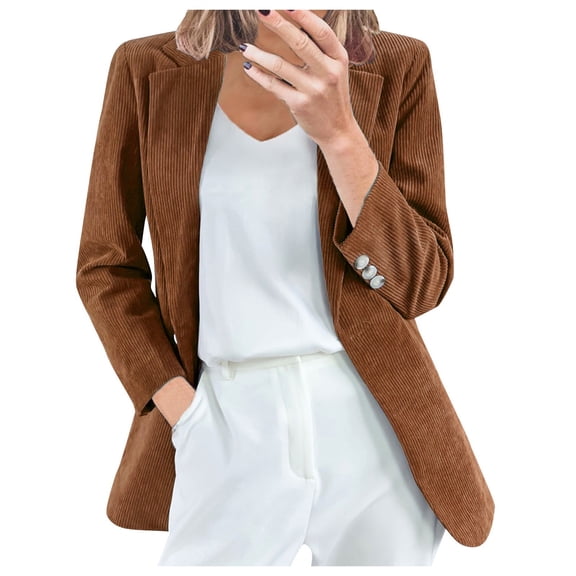 YDFCWXW Womens Corduroy Blazers Trendy Long Sleeve Ribbed Suit Jackets Lapel Casual Work Office Cardigan Coat Brown, M