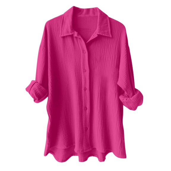 YDFCWXW Womens Cotton Linen Button Down Shirts Long Sleeve Oversized Blouses Work Tops Hot Pink, M