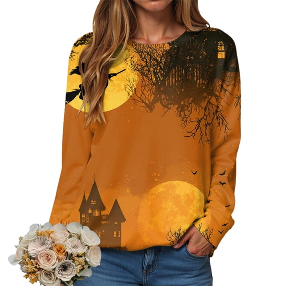 YDFCWXW Womens Crewneck Sweatshirts Fall Winter Long Sleeve Pullover Tops Casual Halloween Graphic Oversized Shirts 2025 Gold, L
