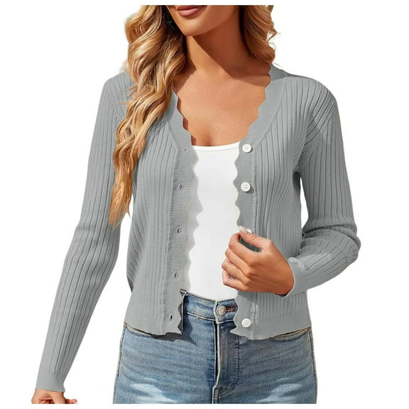 YDFCWXW Womens Cropped Cardigan Knit Shrugs for Dresses Tops V Neck Button Down Cardigans Sweaters Grey, L