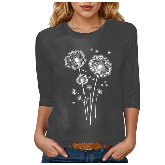 YDFCWXW Womens Cute Dandelion Printed Tee 3/4 Sleeve Crewneck Shirts Cotton Vintage Graphic Tees Tops (Grey, XL)