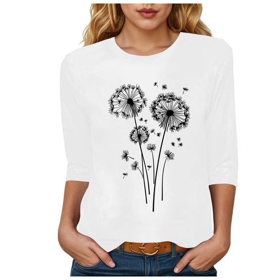 YDFCWXW Womens Cute Dandelion Printed Tee 3/4 Sleeve Crewneck Shirts Cotton Vintage Graphic Tees Tops (White, XL)
