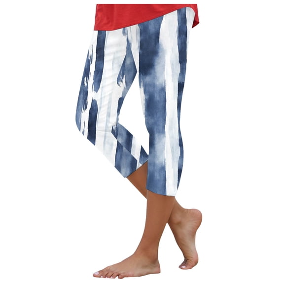 YDFCWXW Womens Cute Printed High Waisted Cropped Capri Leggings Tummy Control Knee Length Stretch Cropped Yoga Pants Navy, L