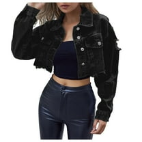 YDFCWXW Womens Denim Jacket Womens Denim Jacket Women Cropped Distressed Button Down Jackets Trendy Long Sleeve Frayed Coat Black, S