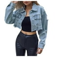 thumbnail image 1 of YDFCWXW Womens Denim Jacket Womens Denim Jacket Women Cropped Distressed Button Down Jackets Trendy Long Sleeve Frayed Coat Blue, XS, 1 of 9