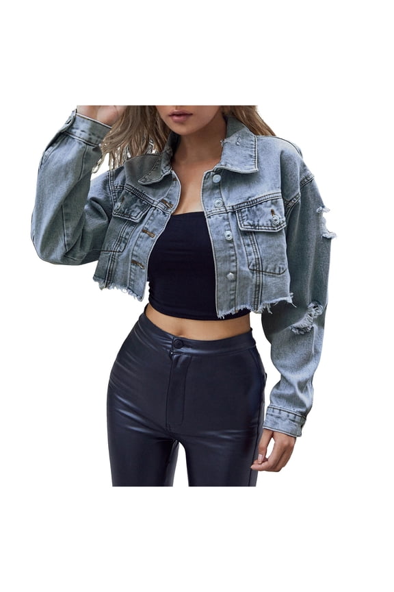 Womens Denim Jacket Womens Denim Jacket Women Cropped Distressed Button Down Jackets Trendy Long Sleeve Frayed Coat Dark Blue, L