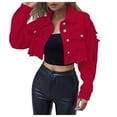 thumbnail image 1 of YDFCWXW Womens Denim Jacket Womens Denim Jacket Women Cropped Distressed Button Down Jackets Trendy Long Sleeve Frayed Coat Red, XS, 1 of 9