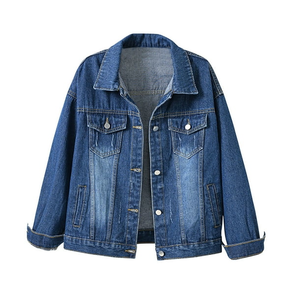 YDFCWXW Womens Denim Jackets Distressed Ripped Long Sleeve Jean Jacket Coats for Fall and Winter Dark Blue, L