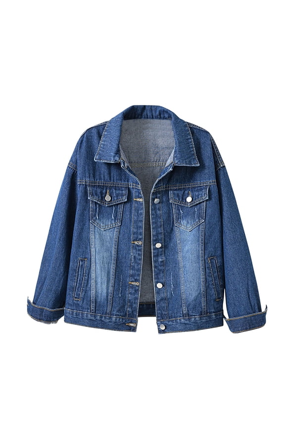 Womens Denim Jackets Distressed Ripped Long Sleeve Jean Jacket Coats for Fall and Winter Dark Blue, L