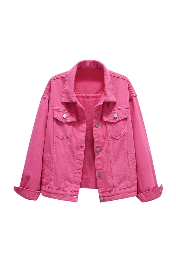 Womens Denim Jackets Distressed Ripped Long Sleeve Jean Jacket Coats for Fall and Winter Hot Pink, L