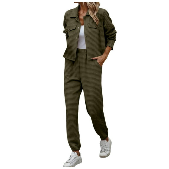 YDFCWXW Womens Fall 2 Piece Outfits Tracksuit Long Sleeve Button Down Shacket Jacket Pockets Long Pants Casual Outfit Sets Green, XL