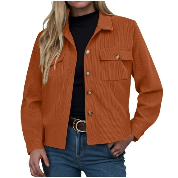 YDFCWXW Womens Fashion Cropped Corduroy Shackets Button Down Jackets Tops Fall Trendy Long Sleeve Shirts Orange, L