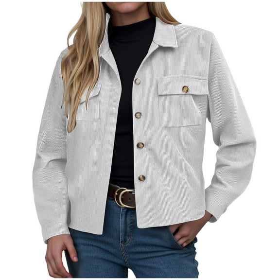 YDFCWXW Womens Fashion Cropped Corduroy Shackets Button Down Jackets Tops Fall Trendy Long Sleeve Shirts White, L