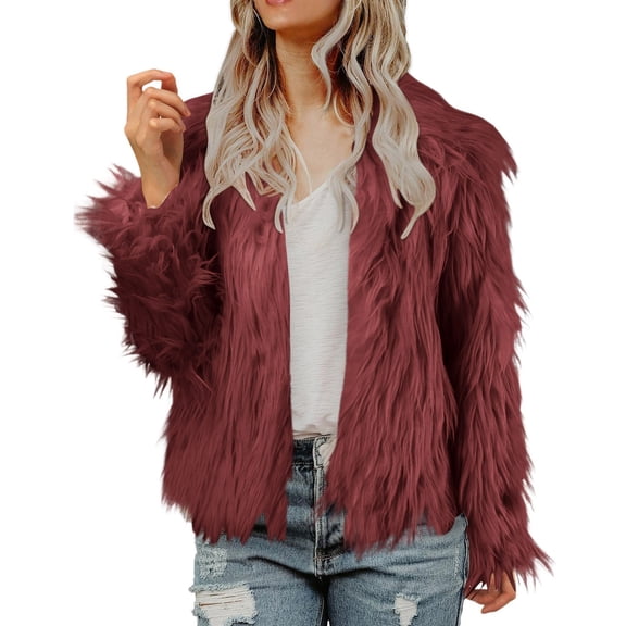 YDFCWXW Womens Fur Cropped Jacket Fluffy Open Front Long Sleeve Fashion Warm Shaggy Short Coat Outerwear , S