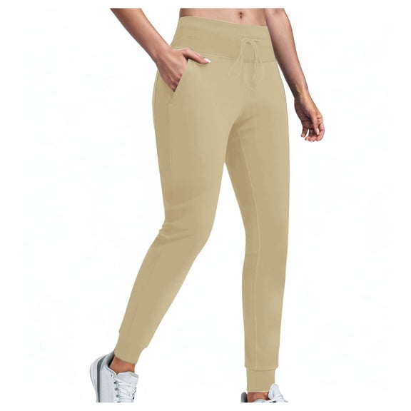 YDFCWXW Womens Fleece Lined Athletic Joggers High Waisted Winter Warm Thermal Sweatpants Workout Lounge Yoga Pants with Pockets Khaki, L