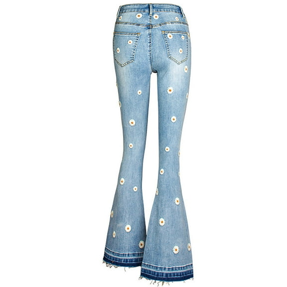 YDFCWXW Womens Floral Daisy Embroidered Mid Rise Bell Bottom Flare Frayed Hem Jeans Light Blue, XL