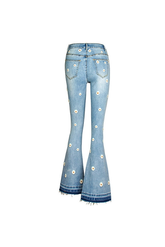 Womens Floral Daisy Embroidered Mid Rise Bell Bottom Flare Frayed Hem Jeans Light Blue, XL