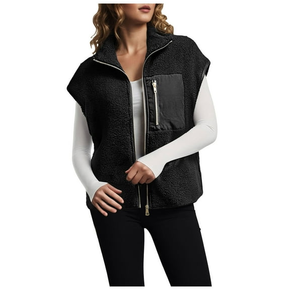 YDFCWXW Womens Fuzzy Fleece Vest Oversized Sleeveless Sherpa Jacket Casual Warm Outerwear With Pockets Fall Fashion Clothes (Black, M)