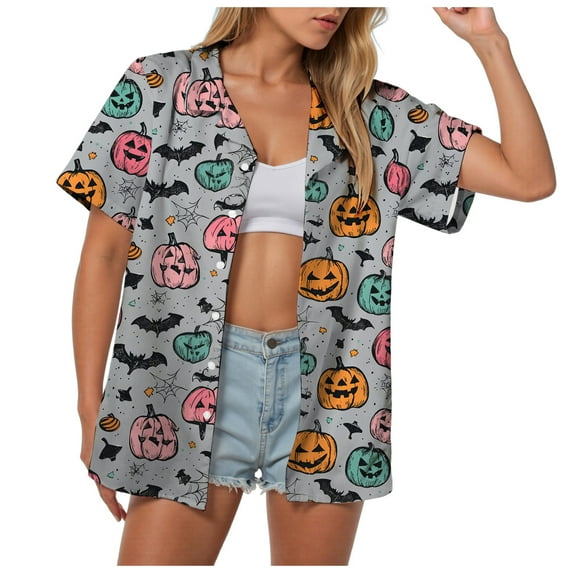 YDFCWXW Womens Halloween Shirt Button Down Halloween Graphics Print V Neck Short Sleeve Top (Grey, XL)