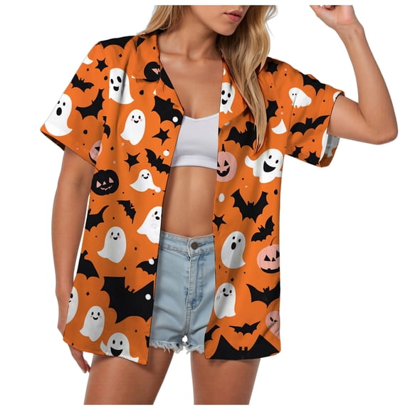 YDFCWXW Womens Halloween Shirt Button Down Halloween Graphics Print V Neck Short Sleeve Top (Orange, S)