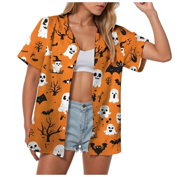YDFCWXW Womens Halloween Shirt Button Down Halloween Graphics Print V Neck Short Sleeve Top (Yellow, XXL)