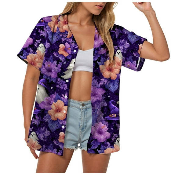 YDFCWXW Womens Halloween Shirt Cute Pumpkin Spooky Ghost Graphic Tee Halloween Short Sleeve Button Up Tops (Dark Purple, XXL)