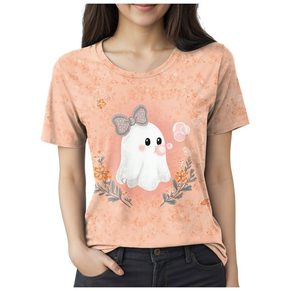 YDFCWXW Womens Halloween Shirts Cute Pumpkin Ghost Graphic Tee 2025 Spooky Short Sleeve Fall Tops, Funny Halloween T Shirts Light Gray, M