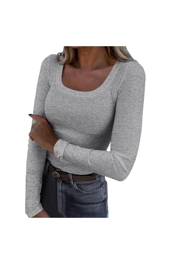 Womens Long Sleeve Scoop Neck Ribbed Knit Fitted Casual Tops Tee Slim Basic Shirts Grey, M