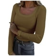thumbnail image 1 of YDFCWXW Womens Long Sleeve Scoop Neck Ribbed Knit Fitted Casual Tops Tee Slim Basic Shirts Khaki, M, 1 of 5