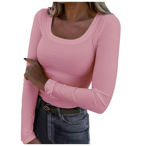 YDFCWXW Womens Long Sleeve Scoop Neck Ribbed Knit Fitted Casual Tops Tee Slim Basic Shirts Pink, 3XL