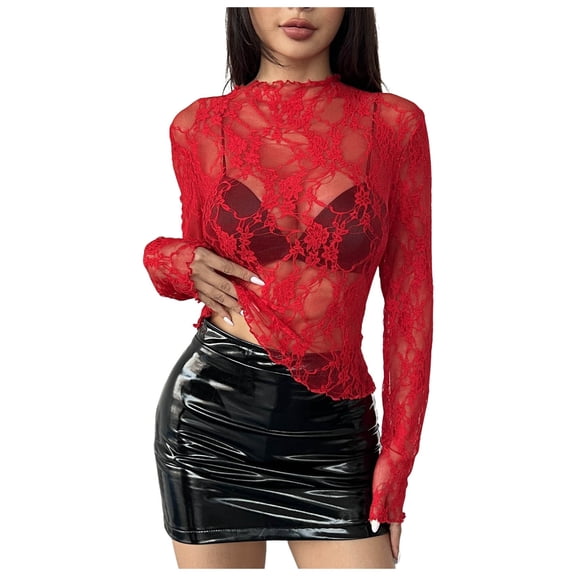 YDFCWXW Womens Mesh Long Sleeve Top Neck Sexy Sheer Blouse See Through Floral Lace Tops Red, S