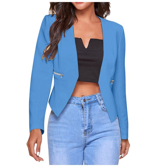 YDFCWXW Womens Open Front Work Blazer Long Sleeve Office Jacket Solid Color Cardigans with Zipper Pockets Blue, 3XL