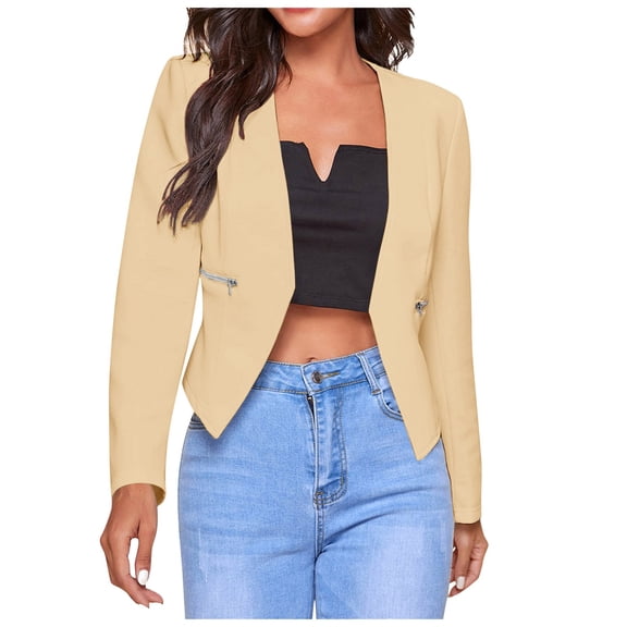 YDFCWXW Womens Open Front Work Blazer Long Sleeve Office Jacket Solid Color Cardigans with Zipper Pockets Khaki, 3XL