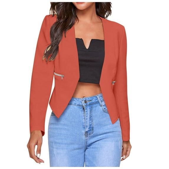 YDFCWXW Womens Open Front Work Blazer Long Sleeve Office Jacket Solid Color Cardigans with Zipper Pockets Orange, 3XL