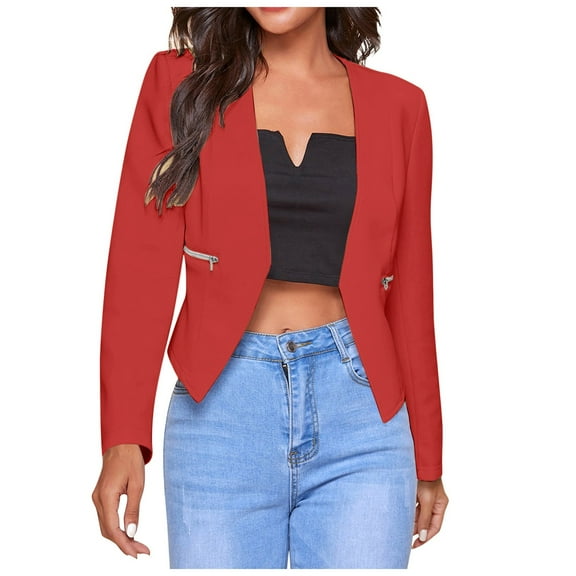 YDFCWXW Womens Open Front Work Blazer Long Sleeve Office Jacket Solid Color Cardigans with Zipper Pockets Red, XL