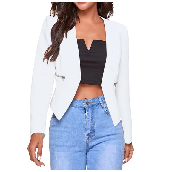 YDFCWXW Womens Open Front Work Blazer Long Sleeve Office Jacket Solid Color Cardigans with Zipper Pockets White, XL